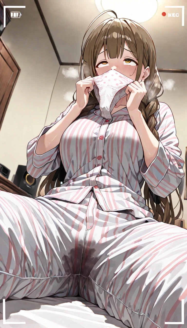 (a girl sleeping on bed:1.5),(lying back down:1.1),(big breasts:1.3),(nether region:1.3),(closed eyes:1.2),(troubled eyebrows:1.2),(from above:1.3),(oversized long sleeves pink pajamas:1.3),(bed room:1.3), arms up,(topless:1.3),(bare nipples:1.3),カウボーイショット