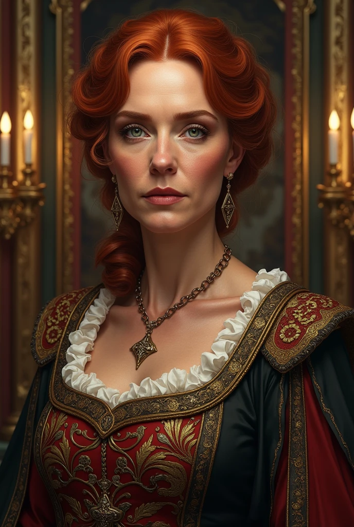  older woman gender 40 something years old, queen of a kingdom, red hair/redhead, dark or intense blue eyes, straight nose