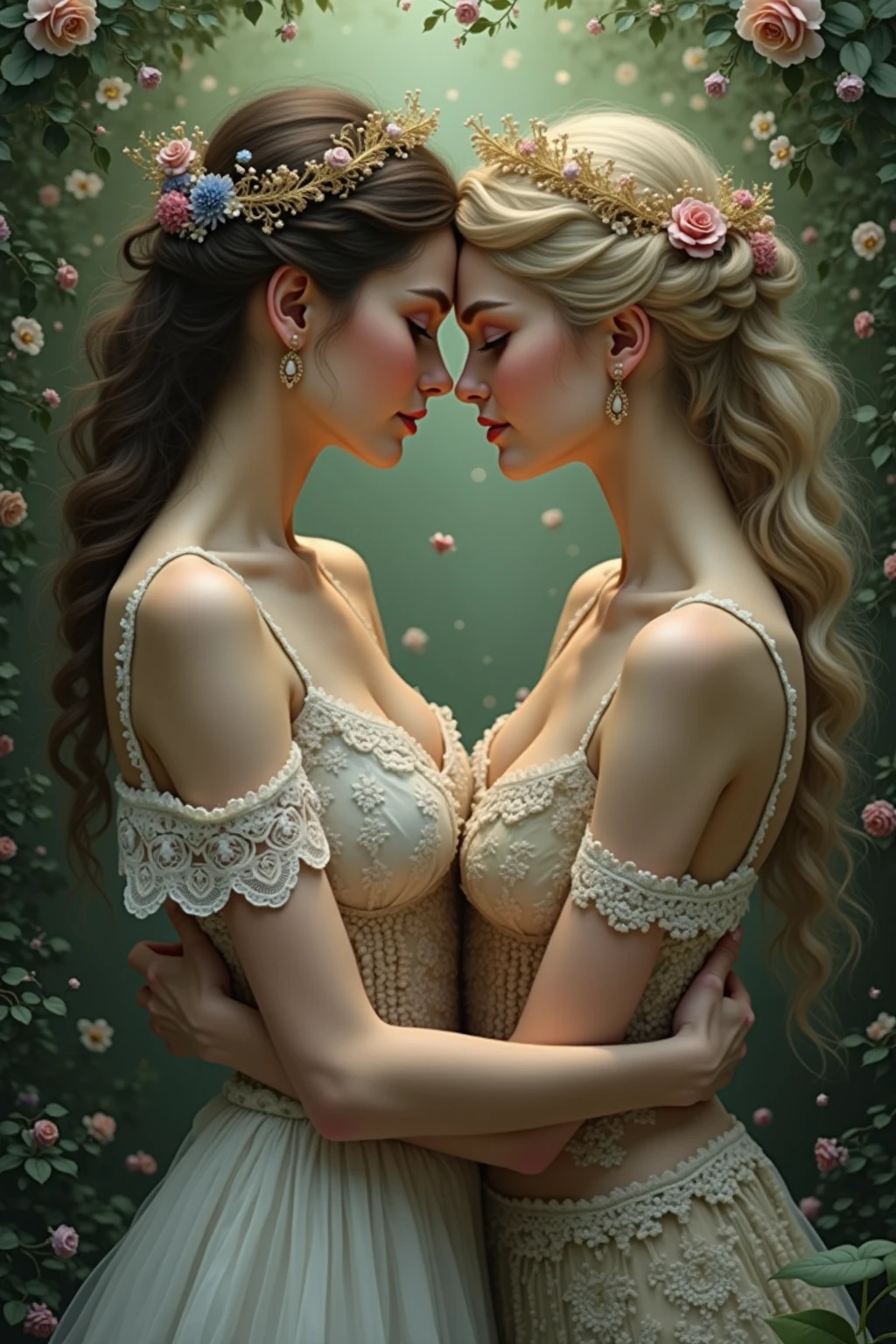 Beautiful, intrincated detailed gorgeous image of a perfect lesbian couple in the style of Victoria Frances. Anatomically perfect. PErfect lighting.