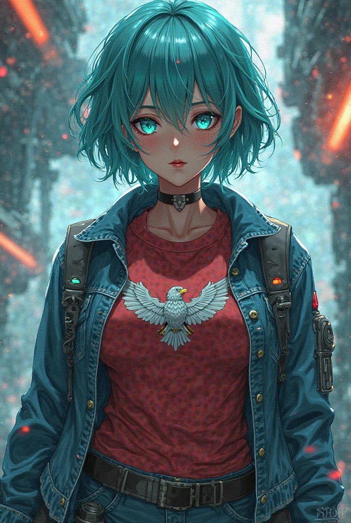 Draw an anime Robotech busty massive  human female civilian with short wavy  Aquamarine hair and glowing Aquamarine eyes in a denim jacket with a red T-shirt with an Eagle
