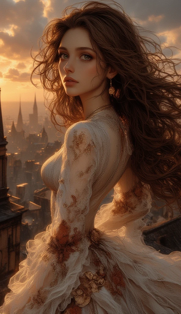 beautiful woman with beautiful eyes:1.2, detailed eyes,  beautiful plump lips , highly detailed eyes and faces, long eyelashes,  , including emotional expressions such as dizziness , smile, sitting:1.4, rustic background , Thin white blouse made of fabric,detailed lighting and shadows, anime style, 8k, nothing, masterpiece:1.4, bright color,((Super long brown hair reaching to her waist:1.4)),((standing on a windswept rooftop during sunset:1.5))