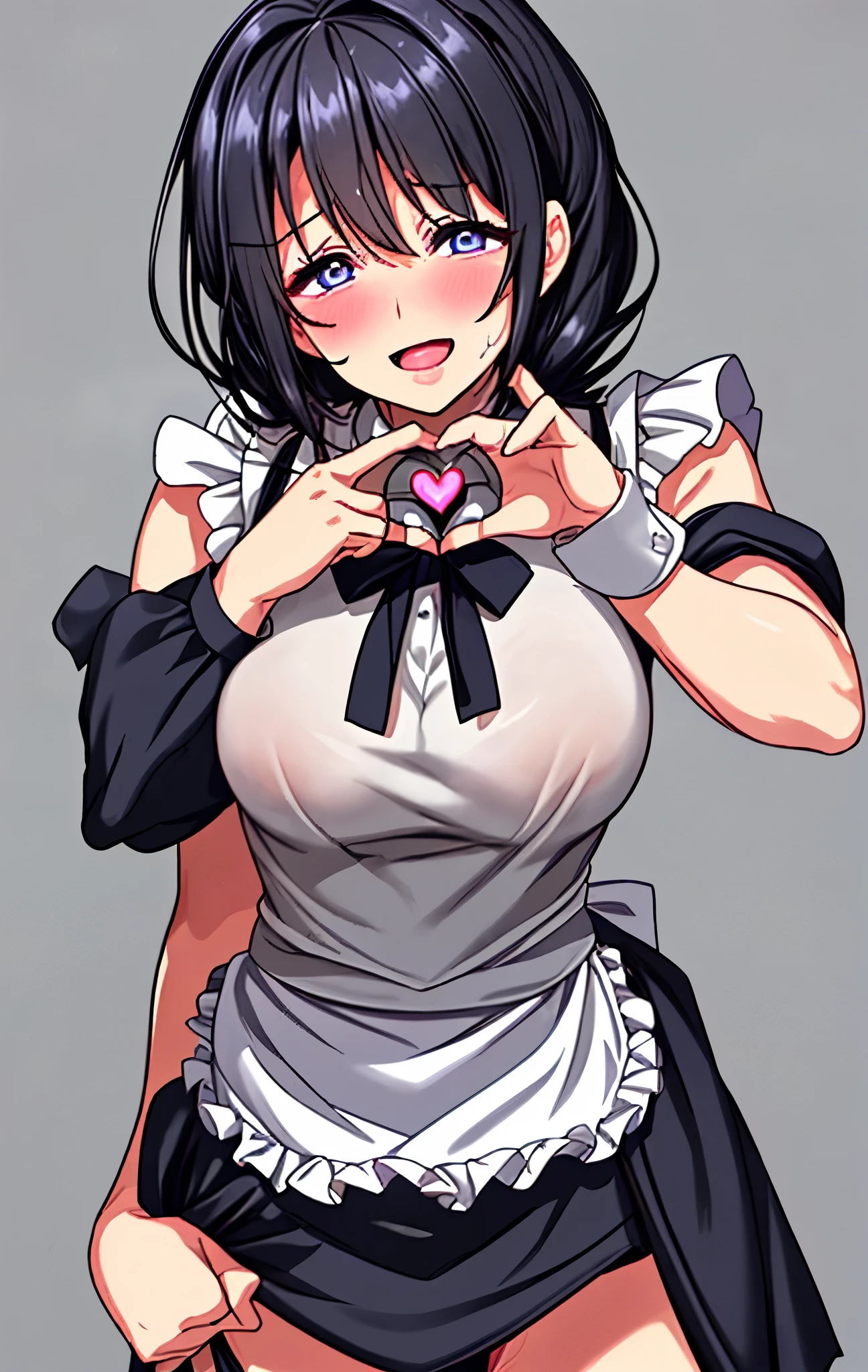 40age、mature woman、black hair、Hair tied up、Blue Eyes、My face is sweaty 、My whole body is sweaty、in an embarrassing pose、 Very Embarrassing Smile 、open your mouth、maid wearing a heart sign、very short skirt、Flip Your Skirt、panties、Pull out the panties 、Image viewed from the bottom of the front、simple background、There are a lot of hearts flying around the body、