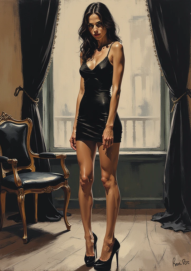 Impresionist primitive Oil painting. A high angle, floor level view of an beautyfull elegant 30 year old european women towering above the viewer, her high heels filling up the foreground. She is looking down at the viewer with an alluring smile, exuding confidence and superiority. She wears a minimalistic yet elegant dress and nylon stockings and platform heels. Indoor setting. Fisheye lens, dramatic, cinematic, painting, brush marks,  best quality, ultra sharp image, 4k