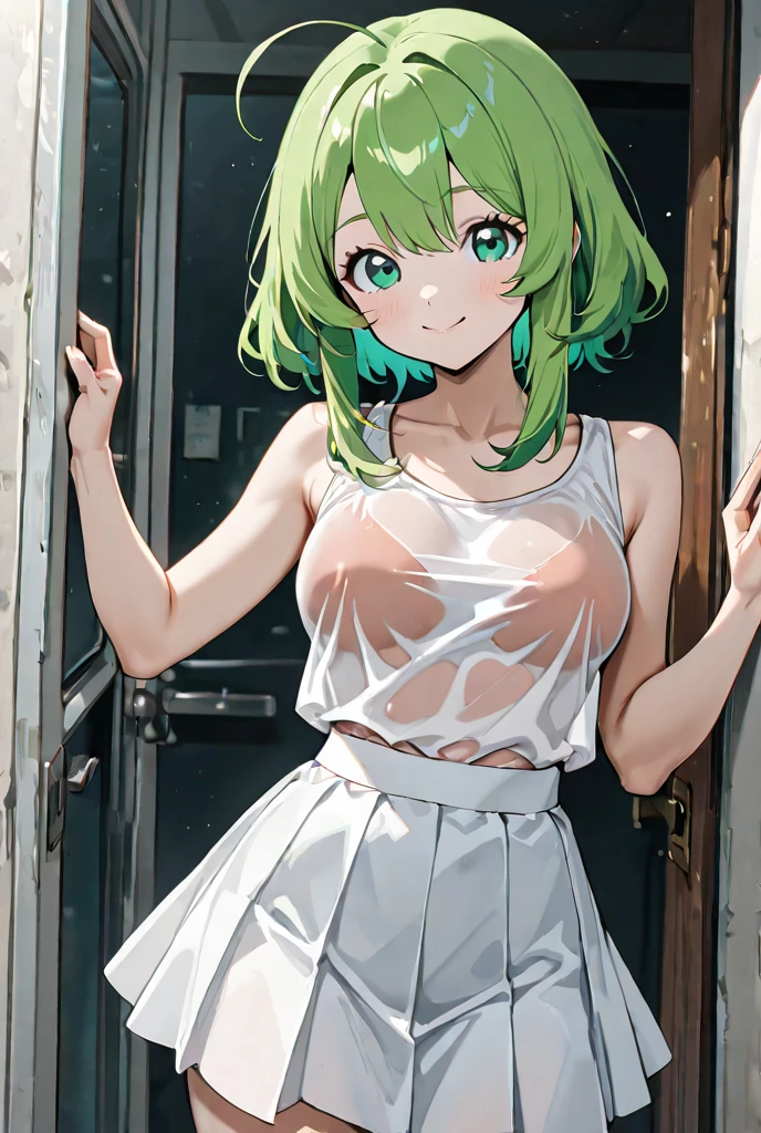green hair,green eyes,please open your eyes wide、beautiful illustrations、highest quality、ultra high resolution、Professional specifications、open your mouth、tears in my eyes、(collar),(lead)、elementary school girl、((Navel skirt))、Transparent、(((hold the pussy with both hands)))、frilly clothes、10 years old、lolicon、((Spread your legs and float in the air))、shining outline、(((Please lift up your skirt and show me your white panties.)))、panties with pink ribbon、Emphasize the pussy line、put both hands on hips