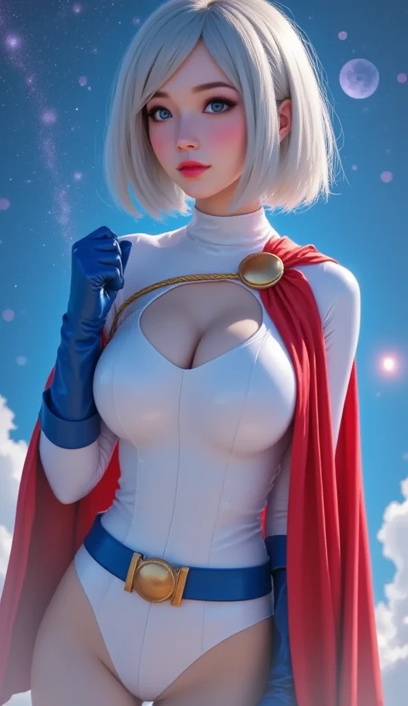 ((She's in outer space)), (SUPERHEROINE POWERGIRL HOVERING OVER THE PLANET)), (She's got a look of disdain on her face), (POWERGIRL tem cabelo loiro, ela tem cabelo curto)), (uma menina pinup) (Power Girl com um bodysuit branco, luvas e botas azuis, e uma capa vermelha), melhor qualidade) 1.5, 1girl, sozinho, (sexy, mulher bonita, rosto perfeito, olhos perfeitos), corpo inteiro.