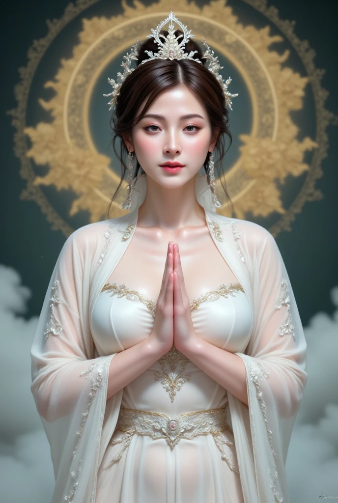 (Pray:1.1, very detailed hands:1.1), (symmetrical, Compositions with White dove geometric arabesque patterns, ):1.3, (cowboy shot:1.3), (front view), (Bun hair), (dark brown hair), (top-quality, Photorealsitic:1.4, masterpiece:1.3, RAW Photography:1.2, cinematric light, very detailed illustration), (1woman:1.3, solo), (asian girl, ultra delicate face, ultra Beautiful fece, ultra delicate eyes, ultra detailed nose, ultra detailed mouth, ultra detailed facial features), (face is shiny:0.8), (bodysuit close to white skin:1.37), (medium breast:1.3), , A slender, lipgloss