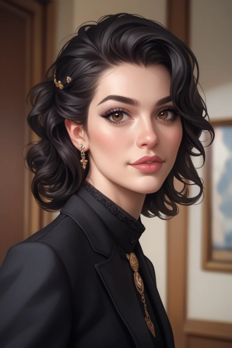 Semi realistic picture of a girl, 20 years old.Has long black hair. Has reddish brown eye.looks charming and cute.Has a cruel and dominant aura and is responsible.Has a vibe like the manhwa character Roxana Agriche.Calm, Manipulator and a deep thinker.Looks innocent and cute on the outside but cruel and firm on the inside.Have sharp and intimidating eyes. Having strong Indonesian and Dutch genes and combining them with each other.Has a strong mafia vibe.Wearing a black suit and black shirt.Have a fit, fresh body ,and healthy.Has an aura of authority, dominance and manipulative.Seems heartless and cruel. Has a sharp gaze.
Posing casually but looking elegant.