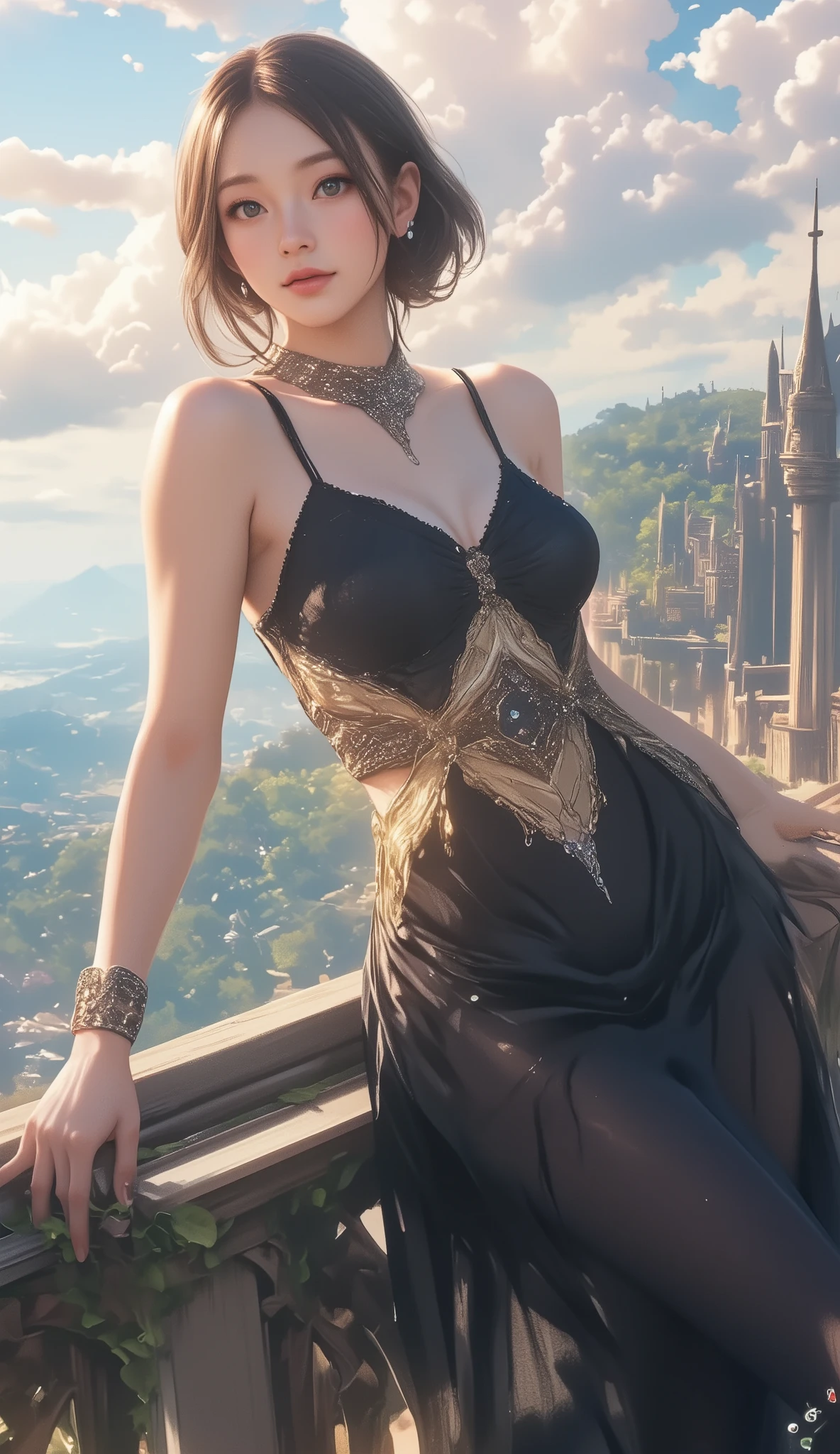 (((( masterpiece)))), (((( top quality)))), ((Alfons Maria Mucha master piece)),erotic, sexy, god秘, god, high resolution,soft focus, fine grain, Detailed Faces, Very detailed facial depiction, detailed eyes 、Detailed Faces、detailed hair 、真珠の様に透き通る肌 、Big Breasts、deep cleavage、美しい中世の街並み、transparent long dress、