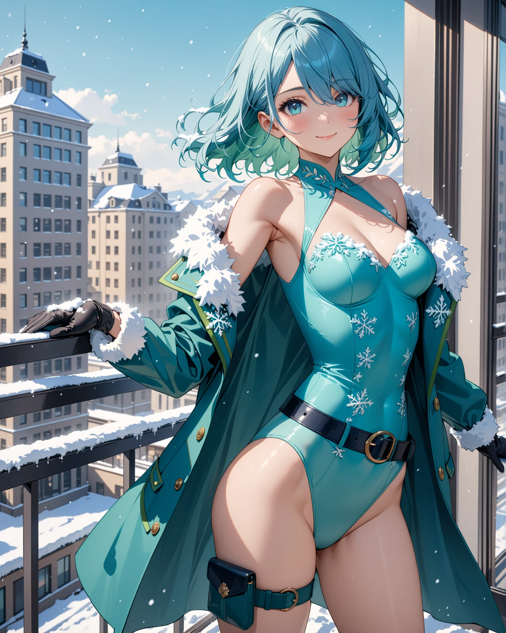 best quality, best quality, incredibly absurdres, highly detailed, delicate texture, 1girl, solo, solo focus, intelligent beauty, medium hair, (armpit-length hair, blue hair), aquamarine eyes, hair over one eye, (blue leotard with green accents), (tight belt), bare legs, matching gloves, matching boots, ankle boots, standing straight, playful, cute smile, closed mouth, outside office balcony, (body infused with frost, body infused with snow)