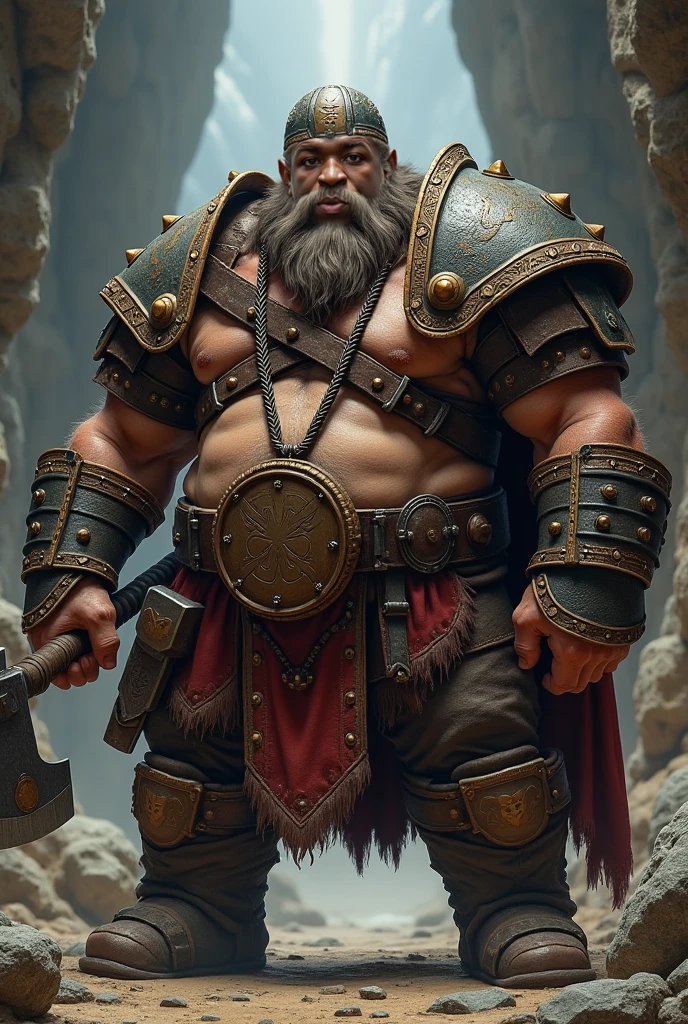 A dwarf with a calm look, long black curly hair, a robust beard that reaches down to his chest wears a helmet in the shape of a wolf, wears armor that mixes medieval and Japanese. He has a large axe on his back and on his waist he has small bags and an iron canteen.. Wears several silver rings on his fingers, He has white skin and is very strong and not very fat., her eyes are slanted and her color palette goes between red, black and brown