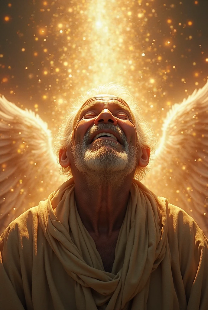 An old man crying with joy as a divine light surrounds him, feeling peace and comfort, angels in the background, holy presence, ultra-detailed face expression