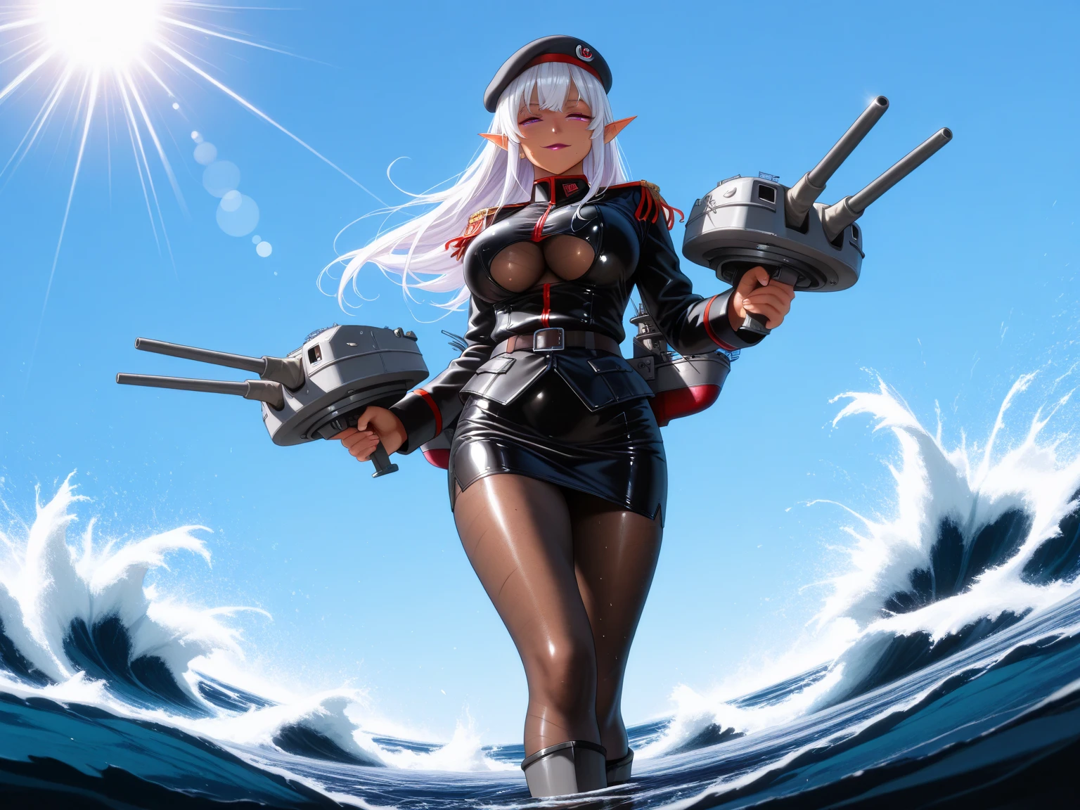 masterpiece, (best quality), vibrant colors ,natural lighting ,RTX, perfect proportions, beautiful, detailed face, (perfect eyes:1.1) ,(photorealistic:1.1), 8k uhd, ocean, close-up, POV, kana, 1girl, solo, long hair, big breasts, looking at viewer, thighhighs, navel, cleavage, white hair, eyepatch, single thighhigh, red armguard, black gloves, black footwear,