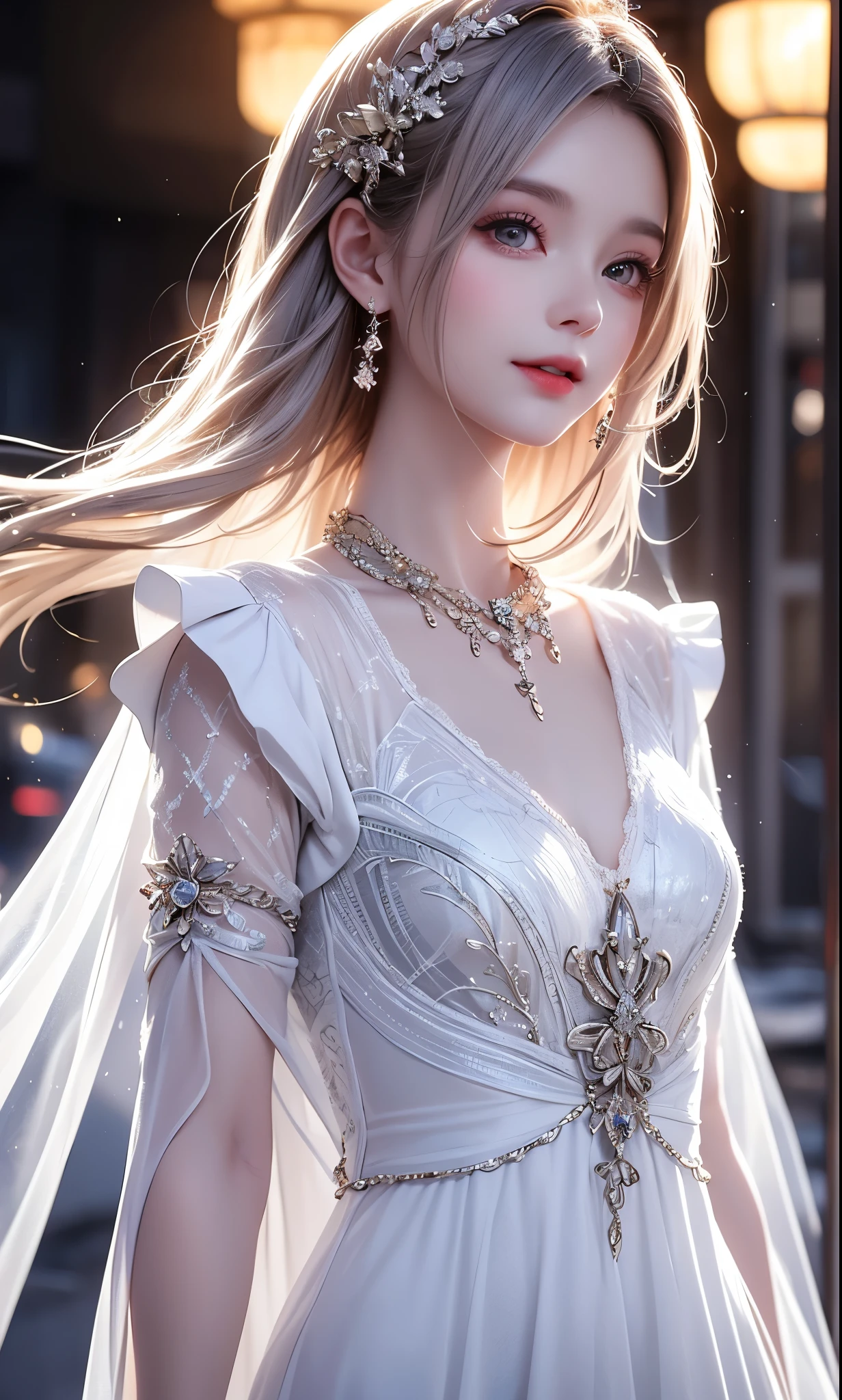 ((Full body image))((Representative works:1.5、8K、Portrait、Photo-realistic and very detailed CG、Very detailed、Particle Effects、Dynamic Effects、Written boundary depth、Cinematic Light、Lens flare、Ray Tracing、Tabletop、Realistic:1.4、Super A high resolution:1.2、Realistic、Realistic))((alone、(Woman in an off-the-shoulder semi-transparent white dress:1.4)、Model-like pose:、Side bust、Ample breasts、Detailed face、Bright expression、Young、Bright、White skin、Great looks、Ultimate beauty、shiny white hair:1.8、Bright shiny hair、Super long、Silky straight hair、Hair swaying in the wind))(Transparent flowers々Surrounded by、White background、The background is wonderful、Thin petals flutter down)