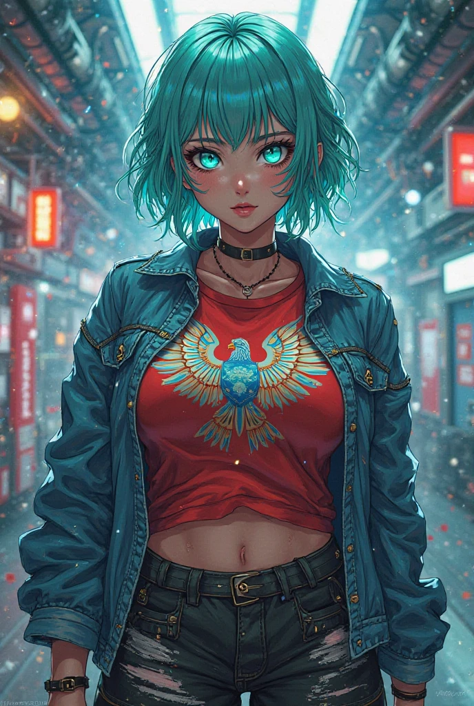 Draw an anime Robotech busty massive  human female civilian with short wavy  Aquamarine hair and glowing Aquamarine eyes in a denim jacket with a red T-shirt with an Eagle