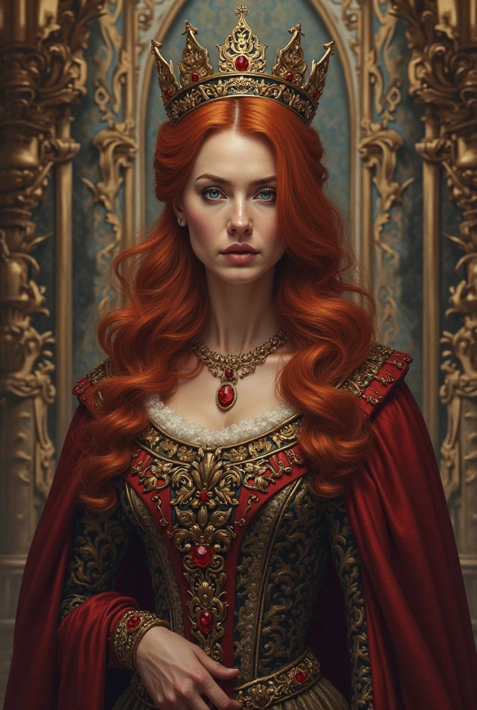 older woman gender 40 something years old, queen of a kingdom, red hair/redhead, dark or intense blue eyes, straight nose