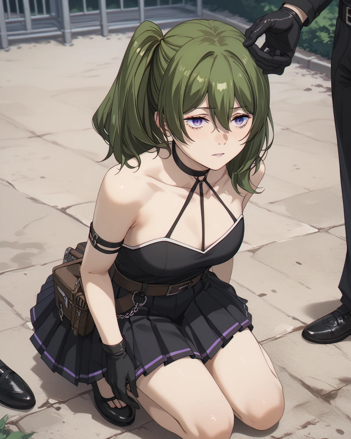 score_9, score_8_up, score_7_up, score_6_up, score_5_up, score_4_up, source_anime, BREAK
best quality, ultra-detailed, 1girl, ubel, (half-closed eyes), BREAK
halterneck, black choker, armlet, arm strap, bare shoulders, black gloves, single glove, black dress, sleeveless dress, pleated dress, black belt, calflet, thigh strap, black footwear, (thick), provocative, leaning forward, arms behind back, smirk, tongue, tongue out, crumbs, <lora:ubel_ponyxl_v1:0.85>