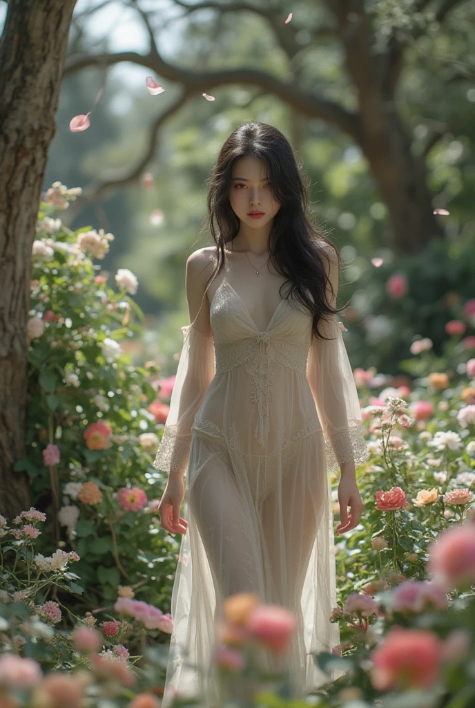1girl,leogirl,tsurime,solo,(bright red lips,blush:0.8),huge breasts,(sagging breasts:1.2),braids,walking,pose,
(multicolored background,see-though high-waist lace chiffon dress with sleeves,plunging neckline,off shoulder:1.2),(dreamflower,multicolored_background,A melancholic autumn scene in a vast flower field,a gentle breeze rustling through the dry grass,fallen leaves scattered among the flowers,a bittersweet atmosphere,a moment of quiet contemplation,Soft and warm color palette,delicate brushwork,evocative use of light and shadow,subtle details in the wilting flowers,high contrast,color contrast),butterfly,
masterpiece,official art,best quality,high quality,highres,natural light,ray tracing,volumetric light,realistic,photorealistic,ultra highres,vivid,nostalgia,bokeh,