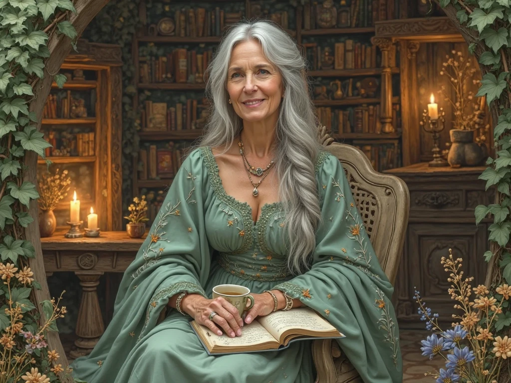 An elegant older woman with long silver hair in a loose braid, wearing a flowing sage-green dress with embroidered vines and stars. She has gentle, wise eyes and a warm smile. Sitting in a cozy, ivy-covered cottage filled with books, dried flowers, and candlelight. A steaming teacup rests beside her, and a notebook is open in her lap. The atmosphere is magical and peaceful—storybook illustration style, with soft lighting and warm earthy tones.