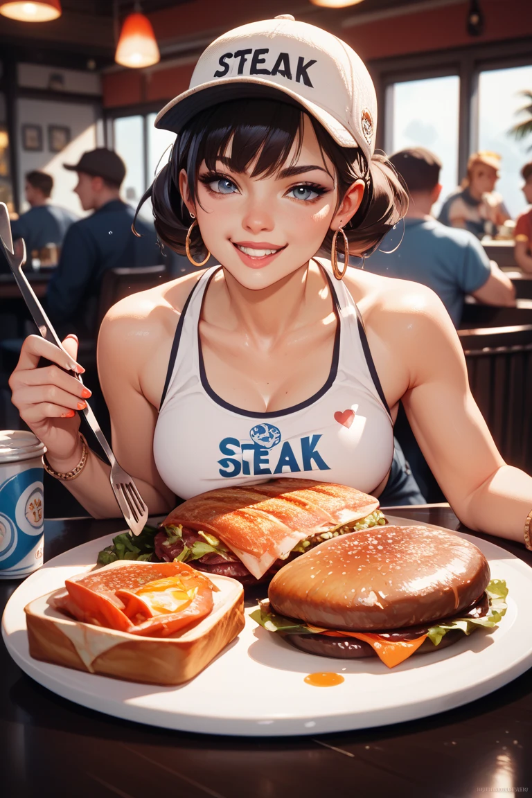 Woman in a poncho, tank top and denim jeans eating tacos at a Mexican food stall highest quality (There is a cola on the table) (I can see your pants)