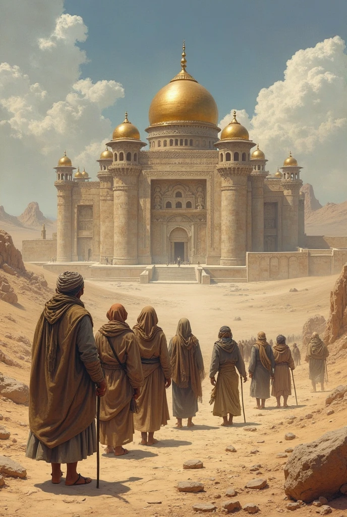 In a vast, desolate ancient land painted in an earthy, historical style, a single majestic palace stands tall — its golden domes, carved towers, and intricate stonework glowing under the sunlight. The land around is empty and barren, with dry cracked earth and scattered old stones, emphasizing the loneliness of the grand structure. In front of the palace, a group of 10 to 12 villagers — dressed in worn traditional clothes, barefoot, some holding walking sticks — stand in silence, gazing at the majestic palace in awe. Their expressions show amazement, disbelief, and admiration. The wind blows gently, lifting dust around their feet as they whisper among themselves, pointing toward the grand palace. There are no other buildings, no homes, no trees — just the grand palace and the humble villagers in this timeless, painted scene filled with contrast between simplicity and royal magnificence.