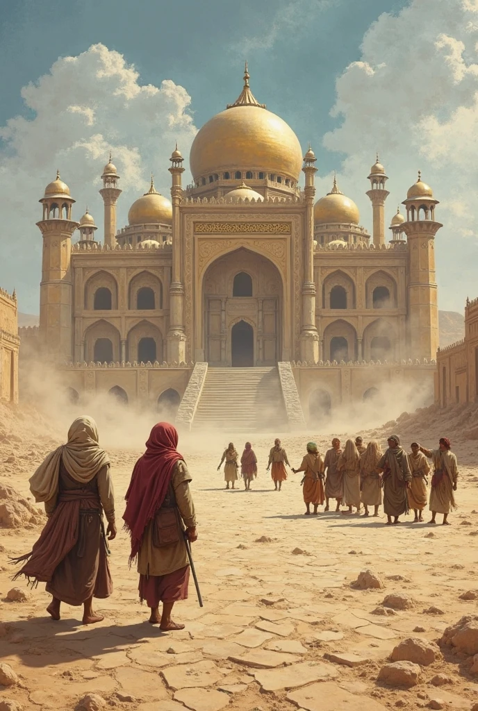In a vast, desolate ancient land painted in an earthy, historical style, a single majestic palace stands tall — its golden domes, carved towers, and intricate stonework glowing under the sunlight. The land around is empty and barren, with dry cracked earth and scattered old stones, emphasizing the loneliness of the grand structure. In front of the palace, a group of 10 to 12 villagers — dressed in worn traditional clothes, barefoot, some holding walking sticks — stand in silence, gazing at the majestic palace in awe. Their expressions show amazement, disbelief, and admiration. The wind blows gently, lifting dust around their feet as they whisper among themselves, pointing toward the grand palace. There are no other buildings, no homes, no trees — just the grand palace and the humble villagers in this timeless, painted scene filled with contrast between simplicity and royal magnificence.