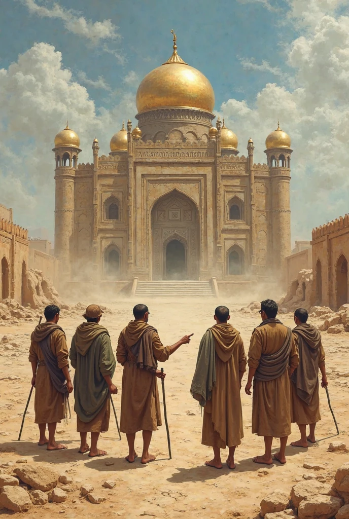 In a vast, desolate ancient land painted in an earthy, historical style, a single majestic palace stands tall — its golden domes, carved towers, and intricate stonework glowing under the sunlight. The land around is empty and barren, with dry cracked earth and scattered old stones, emphasizing the loneliness of the grand structure. In front of the palace, a group of 10 to 12 villagers — dressed in worn traditional clothes, barefoot, some holding walking sticks — stand in silence, gazing at the majestic palace in awe. Their expressions show amazement, disbelief, and admiration. The wind blows gently, lifting dust around their feet as they whisper among themselves, pointing toward the grand palace. There are no other buildings, no homes, no trees — just the grand palace and the humble villagers in this timeless, painted scene filled with contrast between simplicity and royal magnificence.