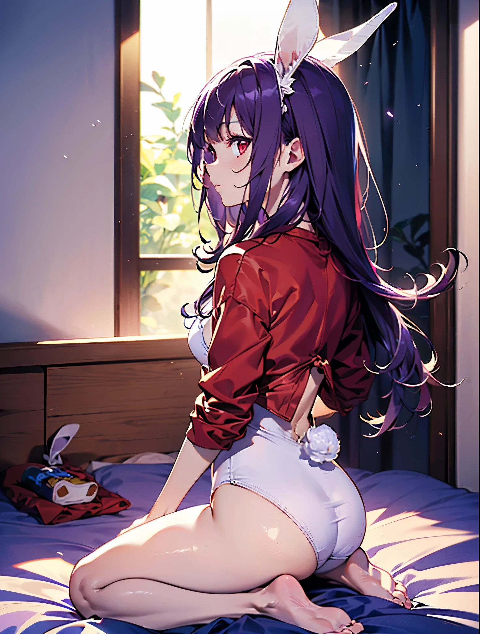 masterpiece, best quality, bedroom, candle, romantic ambiance, petals on bed, from behind, bed, on side, naked ribbon, looking at viewer, seductive smile, blush, tojo nozomi,