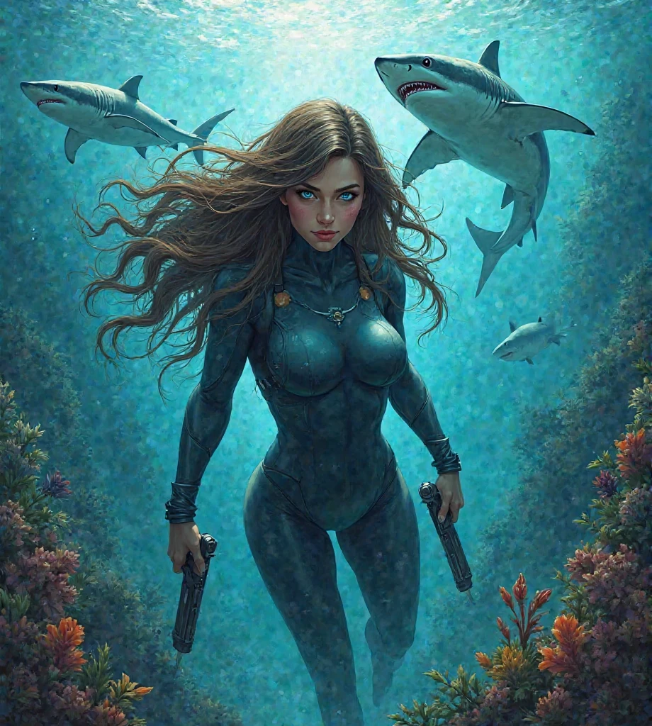 Give me an illustration of a woman with blue eyes and long brown hair, underwater surrounded by white sharks and marine vegetation and weapons in the hands with a wetsuit 