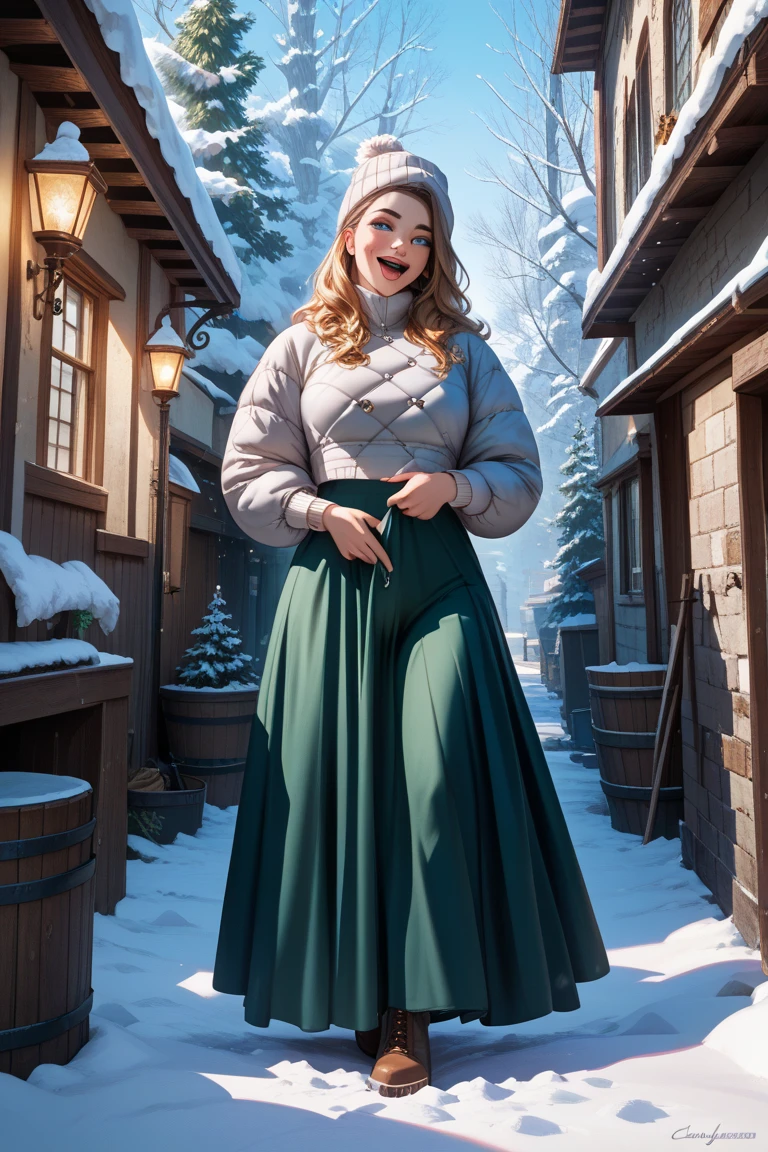 woman, ((Masterpiece, best quality)), detailed skin, highly detailed, cinematic lighting, ultra realistic, blush, looking at viewer, anna, anna from frozen, princess, disney, brown hair, long hair, portrait, outdoor, snow, cleavage, large breasts, wide hips,
skirt, miniskirt, microskirt, pleated skirt, thighs,