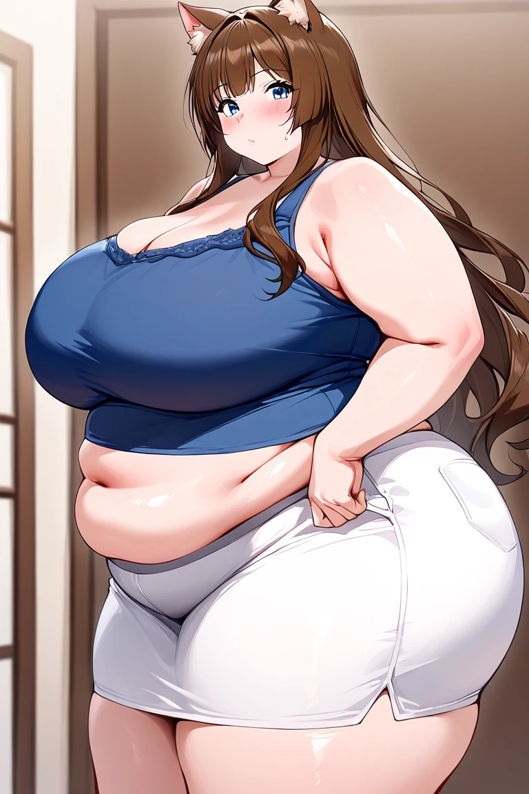 (masterpiece quality1.1), (insanely sophisticated detailed1.2), (realistic detailed beautiful face1.3), (1girl), beautiful face, RAW photo, best quality, high resolution, (masterpiece), POV, messy brunette hair, standing in bedroom, skintight taut white tank top, skintight cotton beige pj bottoms, ((enormous belly)), ((impossibly gigantic overstuffed belly)), (photorealistic:1.4), dynamic volumetric lighting, professional photography, sharp focus, HDR, 8K resolution, beautiful angular face, high rating, intricate detail, sophisticated detail, depth of field, detailed soft eyes, big eyes, chubby, soft fat, smooth skin, tight clothes, undersized clothes, (correct anatomy1.6), ((hyper swollen belly1.5))
