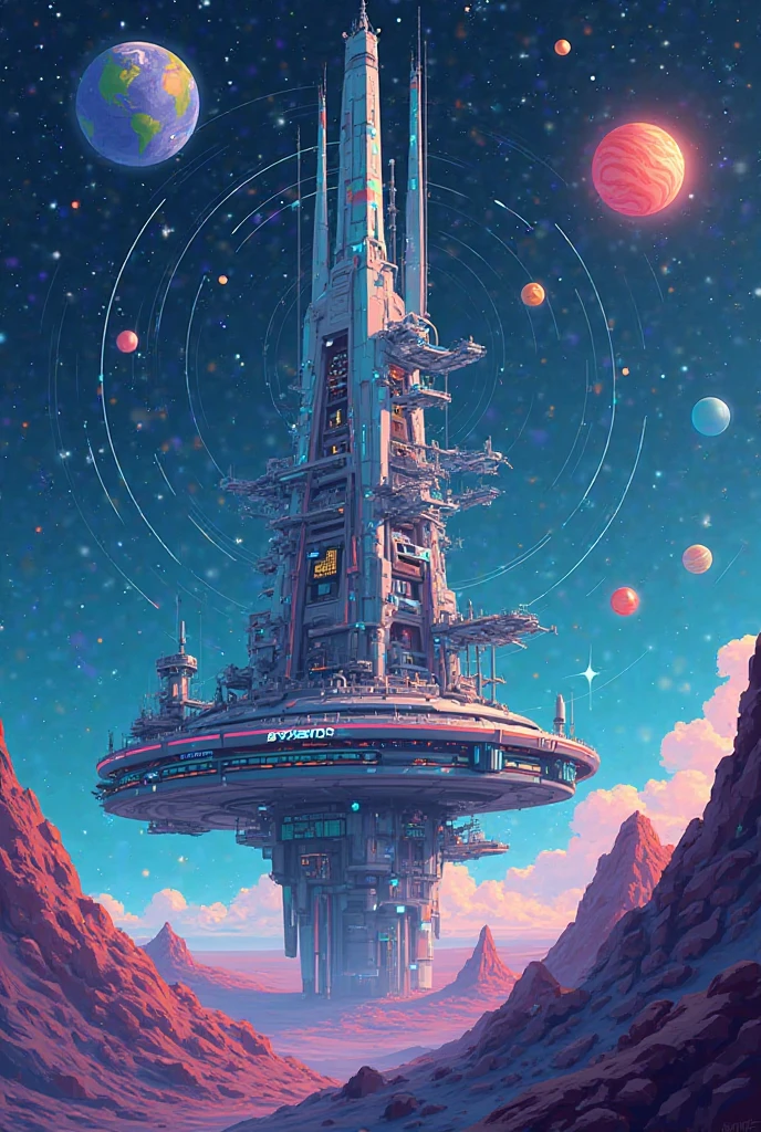 Space station sending signals to planets in the galaxy cartoon image