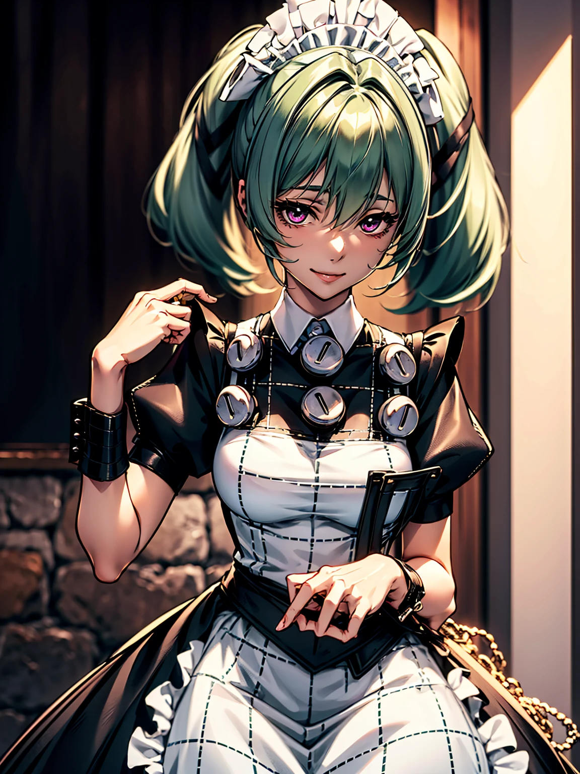 ((black background)) Tatsumaki kneel on WHITE sheet, short bob hair green hair, GREEN EYES, kindergarten_uniform,yellow hat,red school bag, leather choker collar slave , (hands on hips, clenching fist 👊 ✊️)