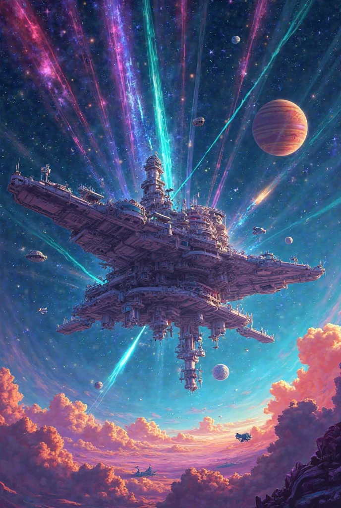 Space station sending signals to different planets in the galaxy cartoon image