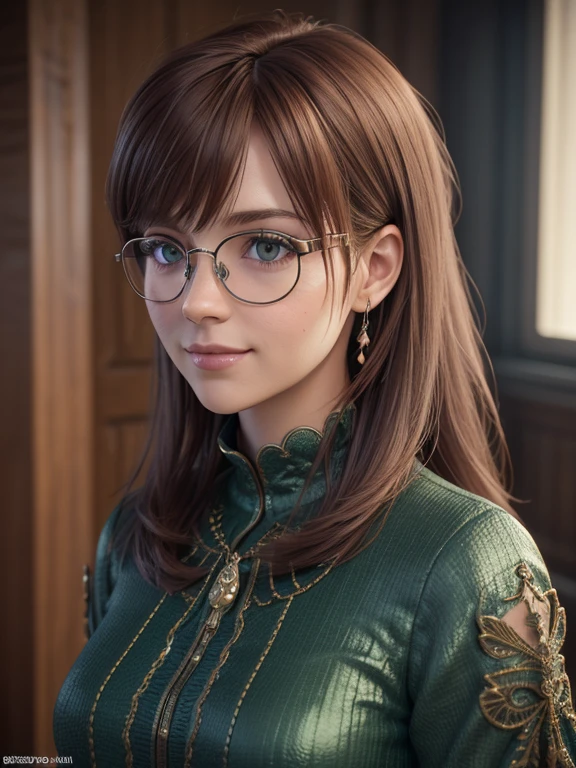 short player, red hair, green eyes, glasses on her face with diopters in a metal frame, green dress, smile, s. (masterpiece, top quality, better quality, official art,  beautiful and aesthetic:1.2), extremely detailed,(fractal art:1.2),Colorful,The most detailed. ((elegance. photorealism. Unreal engine.  3D model. Ultra high quality textures. high detail.  8k resolution))