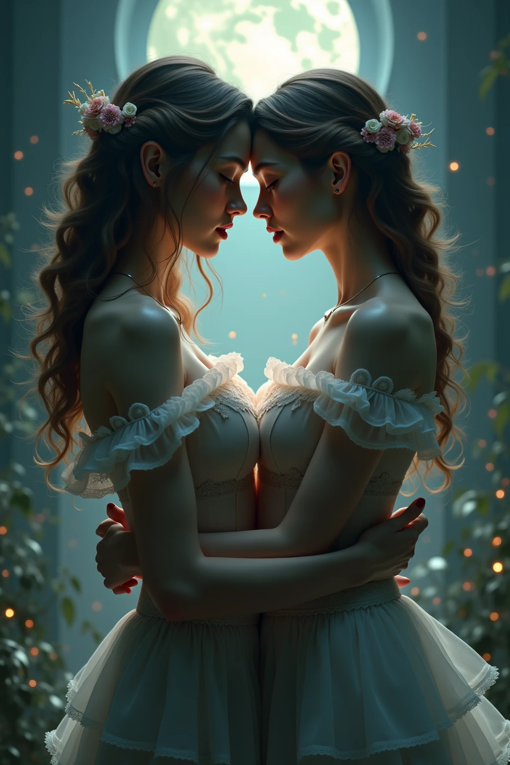 Beautiful, intrincated detailed gorgeous image of a perfect lesbian couple in the style of Victoria Frances. Anatomically perfect. PErfect lighting. Moonshadows.