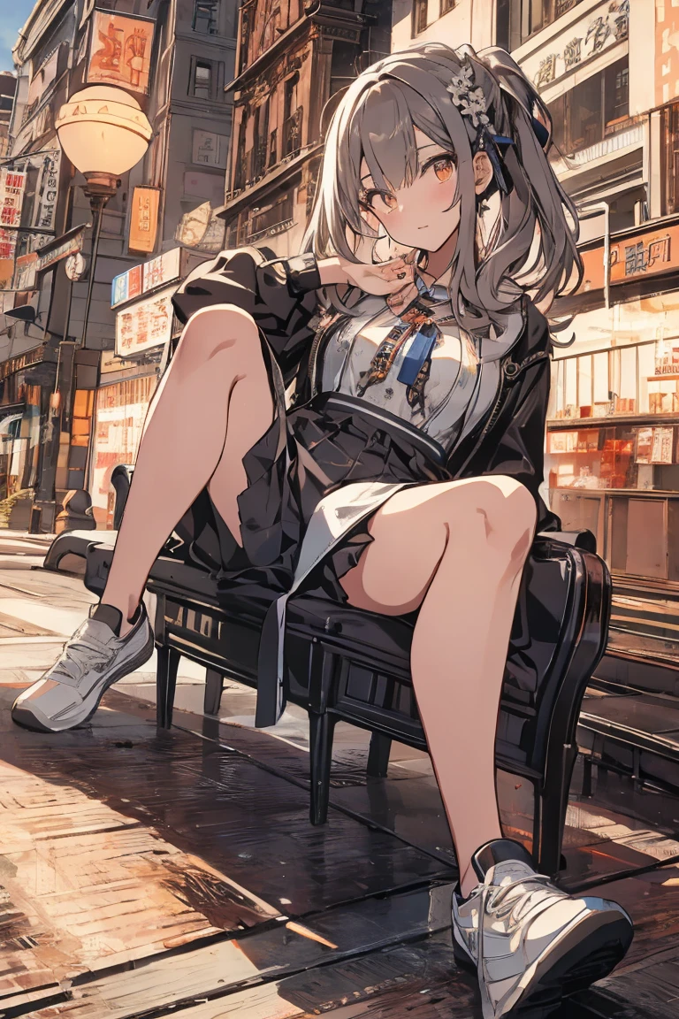 (8k、Best image quality、highest quality、masterpiece)、Detailed face、 1 girl、kasukabe tsumugi、Grey Hair、Side Tail、Light blue eyes、evil smile、((Grin))、Small breasts、((Black Shirt))、Yellow tie、Yellow cardigan、((micro miniskirt))、((white baggysocks))、sitting、knees up、Gym storeroom