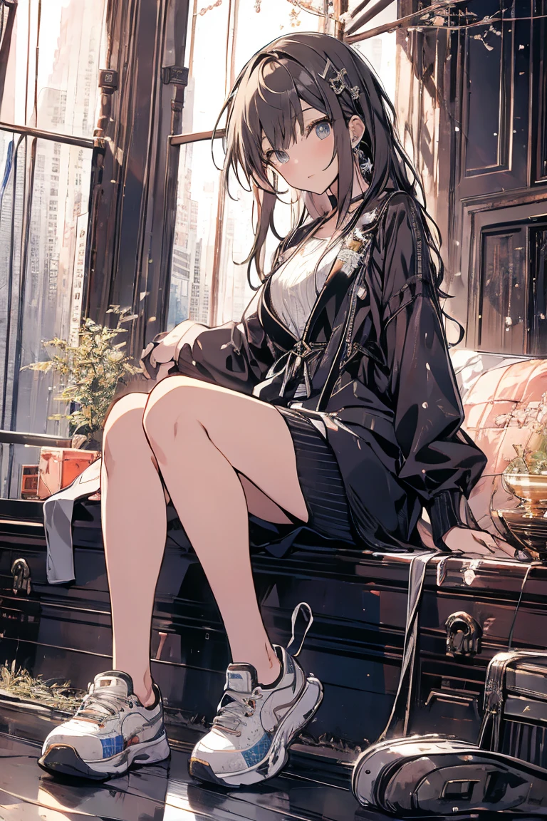 ((Biologically correct limb count))、(( Full-body photo including face))、4K、((Standing position))、masterpiece、((Focus on the face))、((Symmetrical facial features))、Eye for detailed depiction、Beautiful woman、Excellent style、Beautiful clavicle、Beautiful feet、Beautiful Hands、Slender body、(Small Ass、Thin thighs)、(High heels)、Detailed depiction of the face、Small earrings、necklace、(shirt、(Block pleated skirt))、Glancing sideways、tie、Night cityscape、Great background、Low Angle、Reading a book、Attractive legs