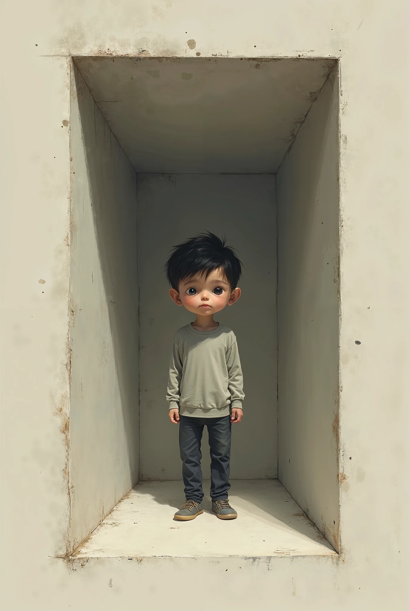 The boy is front of wall
