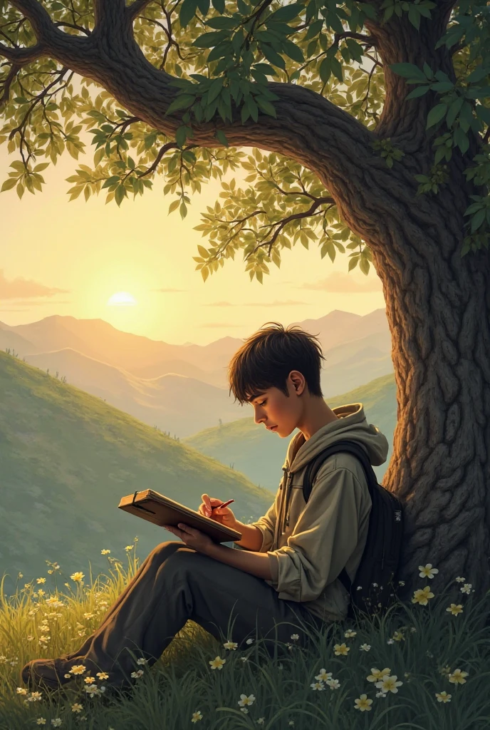 A boy sitting under a tree with a notebook, thinking deeply, determination in his eyes — evening time, rural background, motivational feel