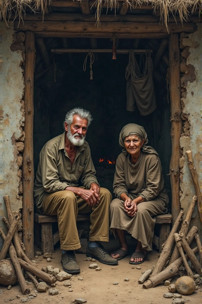 A old farmer sitting in a broken hut with his wife