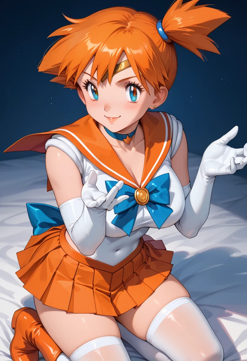 Tabletop, highest quality, High resolution, SV1, Sailor Warrior Uniforms, Orange Skirt, ミニスカートから見えるWhite panties、Bikini pants、White shorts seen from the white shorts view、Elbow Groove, Tierra, Pleated skirt, Flip up a miniskirt, White panties、Beautiful panties Beautiful camel toe、Red Bow, Orange Choker, White gloves, jewelry, Starry Sky, Cool pose, smile, Portraiture, floating, moon, Upper Body