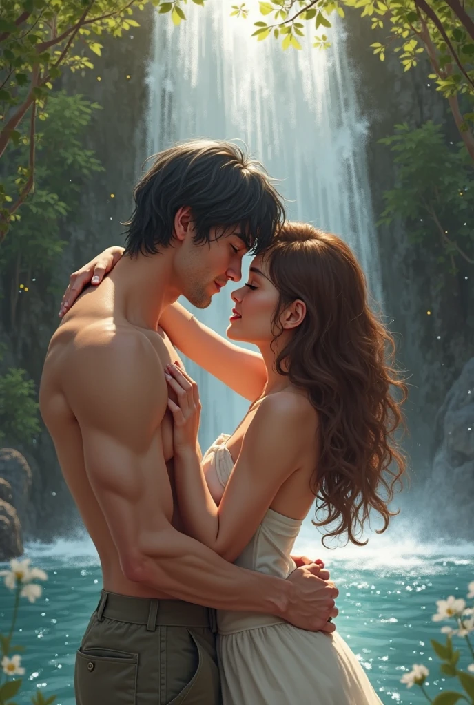 A couple is bathing under a waterfall. The couple is wearing short clothes and the girl has big hips. It is evening.