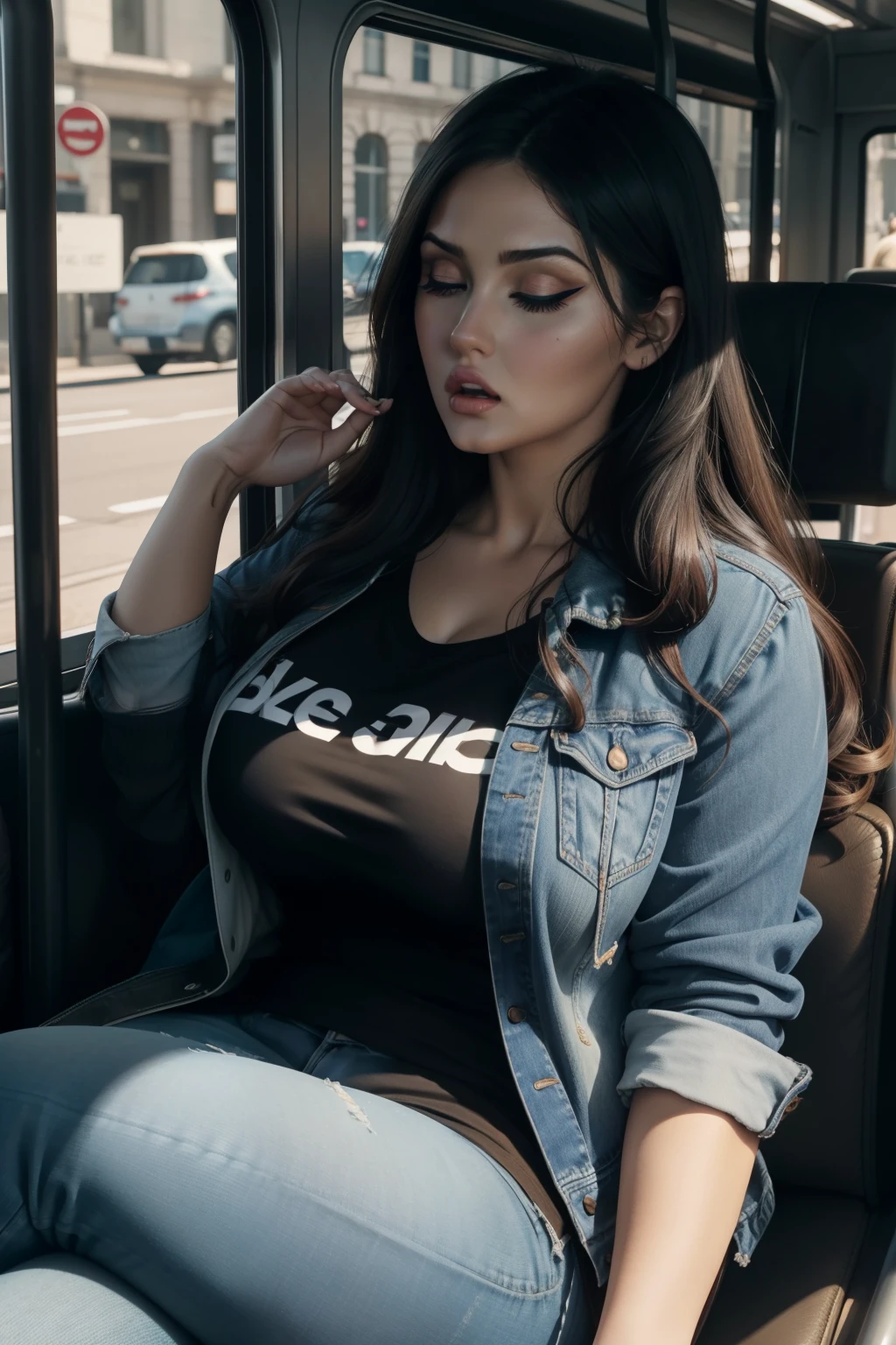 1 beautiful woman, curvy, large body, black hair, made-up face, ponytail, wavy tail, light blue jean pants, earrings, GRAY SWEATSHIRT WITH HOOD, big nails, made-up eyelids, sneakers, asleep lying on the bus, eyes closed, arms crossed, mouth open.