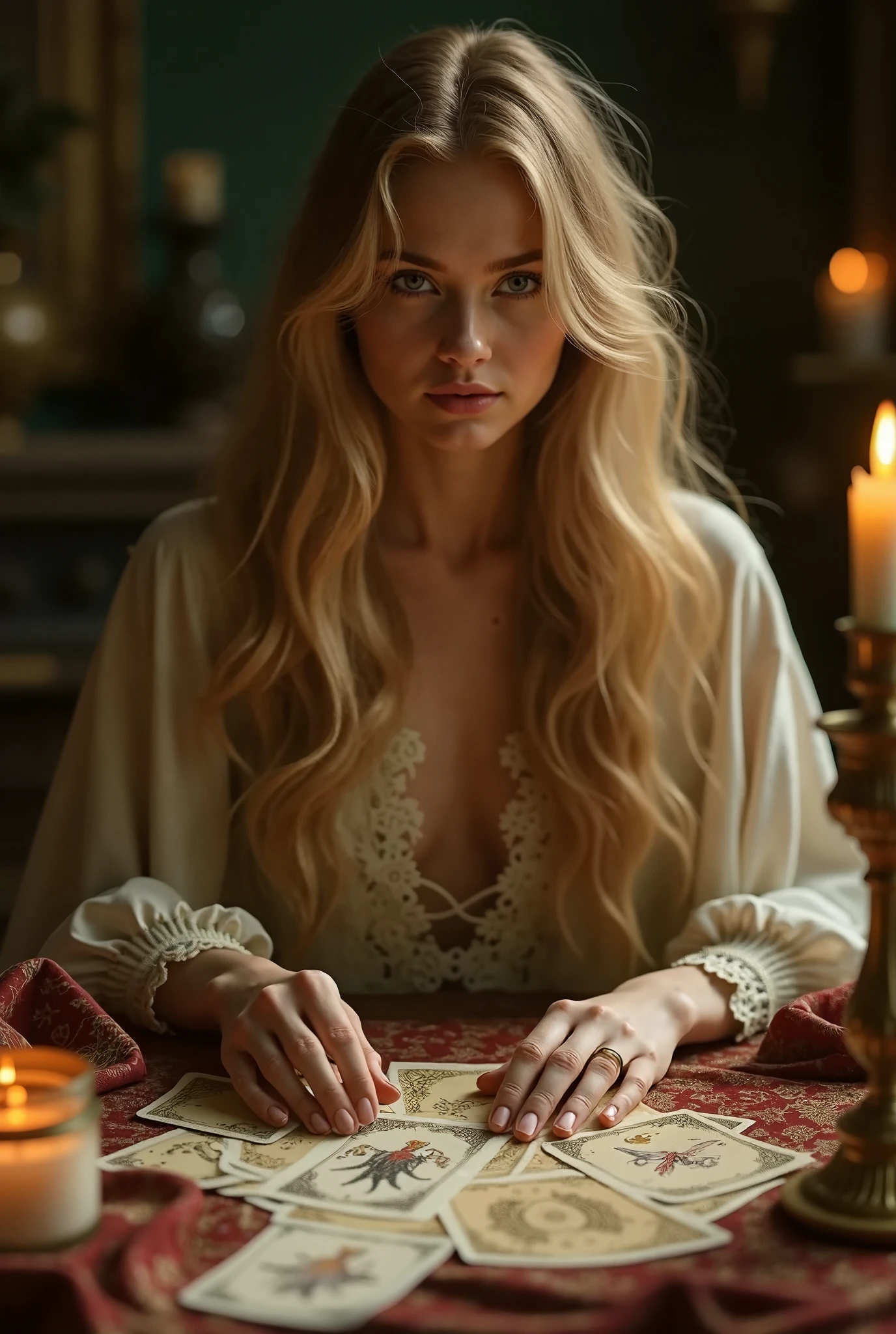 Beautiful blond girl giving a tarot reading