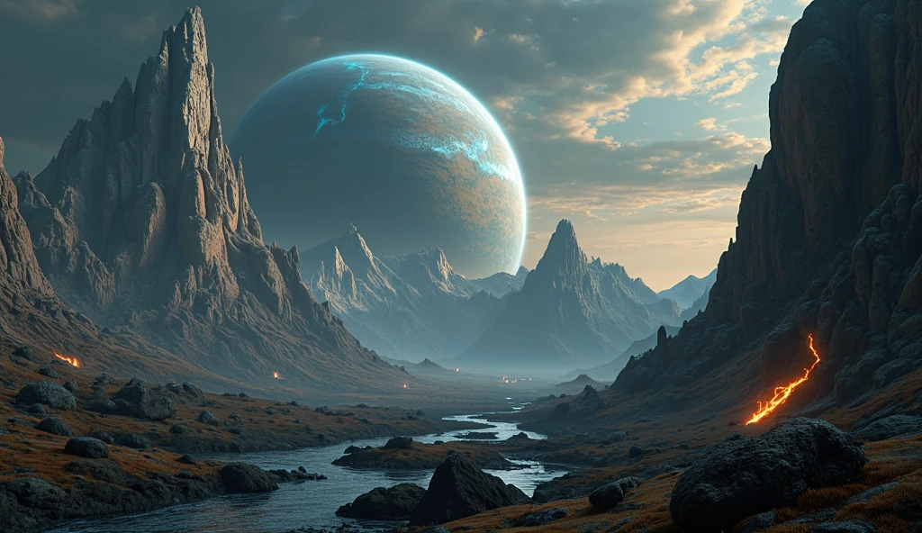new planet at space, detailed hyperrealistic 8K, intricate futuristic sci-fi landscape, massive alien planet with mysterious structures,towering mountains,glowing energy fields,strange flora and fauna,advanced alien machinery,dramatic lighting,muted color palette,cinematic composition,3D render,photorealistic