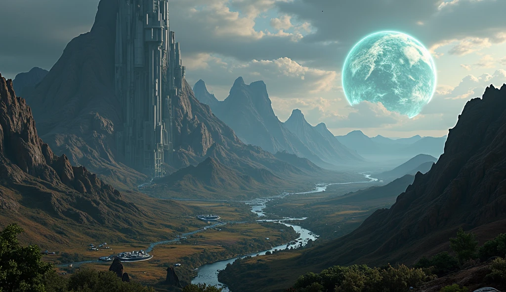 new planet at space, detailed hyperrealistic 8K, intricate futuristic sci-fi landscape, massive alien planet with mysterious structures,towering mountains,glowing energy fields,strange flora and fauna,advanced alien machinery,dramatic lighting,muted color palette,cinematic composition,3D render,photorealistic