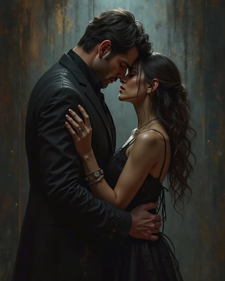Black haired woman with a very handsome black haired man dark romance style