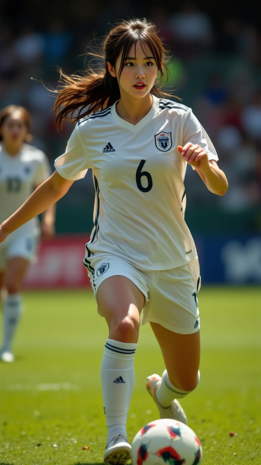 female,Wear a soccer suit,Brilliant foot movements,dribble,Professional action,Fantastic kick,4K,realistic,photo-realistic,HDR,extreme detail,professional-grade,Vibrant colors,blurry background,lighting effect,Dramatic sports,Artistic sensibility,Oil painting material
