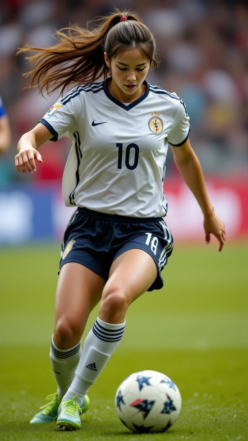 female,Wear a soccer suit,Brilliant foot movements,dribble,Professional action,Fantastic kick,4K,realistic,photo-realistic,HDR,extreme detail,professional-grade,Vibrant colors,blurry background,lighting effect,Dramatic sports,Artistic sensibility,Oil painting material