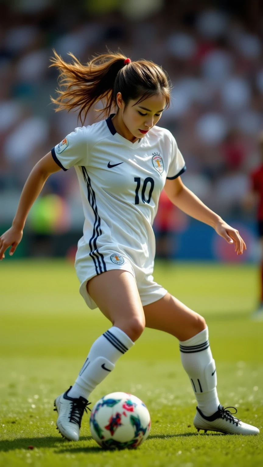 RAW image quality, (High resolution, highest quality, table top:1.4), (15 year old girl :1.3), sparkling skin, narrow waist, Large chest teeth above the skin, (A woman in light soccer clothing:1.4), soccer uniform, short shorts, sweat a lot, (Above the football stadium:1.2), (Her panties are visible under her shorts:1.2), tight clothes, big breasts, ((pointed nipples:1.4)), pubic hair, angry look, blush, beautiful background, (Only one ball:1.4), (Soccer ball with a diameter of 21 cm:1.4), Detailed CG image quality, biologically correct,